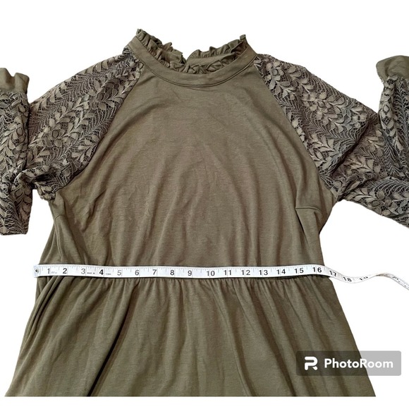 EXLURA Women’s Lace Tshirt Mini Dress Ruffle High Neck Lace Sleeve Swing Dress - Picture 6 of 6